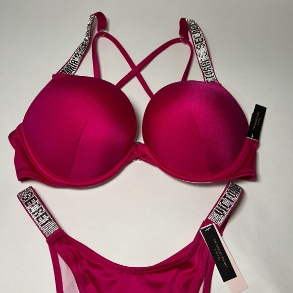 Victoria Secret 32B XS Bombshell Push Up Top Bikini Set LOGO Shine Strap Rose - Picture 4 of 14